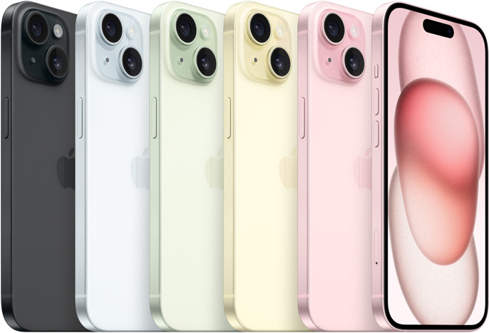 iPhone 15 的 5 款顏色背面圖，黑色、藍色、綠色、黃色、粉紅色，以及粉紅色 iPhone 15 的正面圖